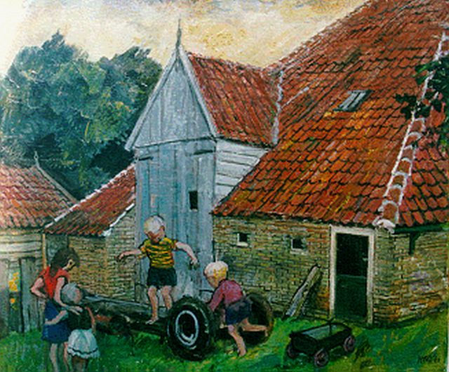 Harm Kamerlingh Onnes | Children playing on a yard, Terschelling, Öl auf Leinwand, 50,3 x 60,2 cm, signed l.r. with monogram und dated '60
