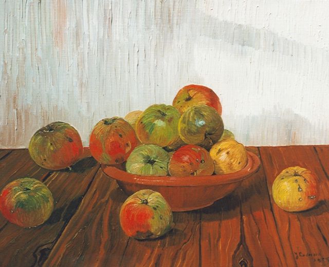 Lodeizen J.  | Still life with apples on an oak table, Öl auf Leinwand 40,0 x 50,3 cm, signed l.r. und dated 1925