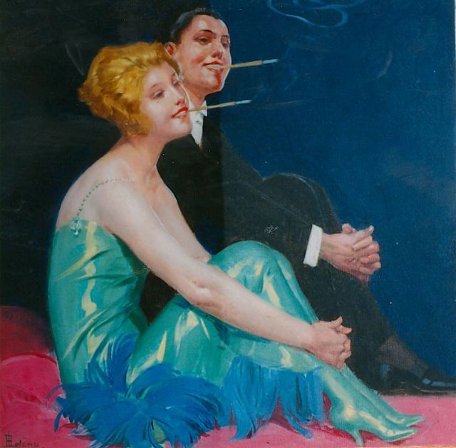 René Lelong | Smoking couple, Öl auf Malerpappe, 34,9 x 35,3 cm, signed l.l.
