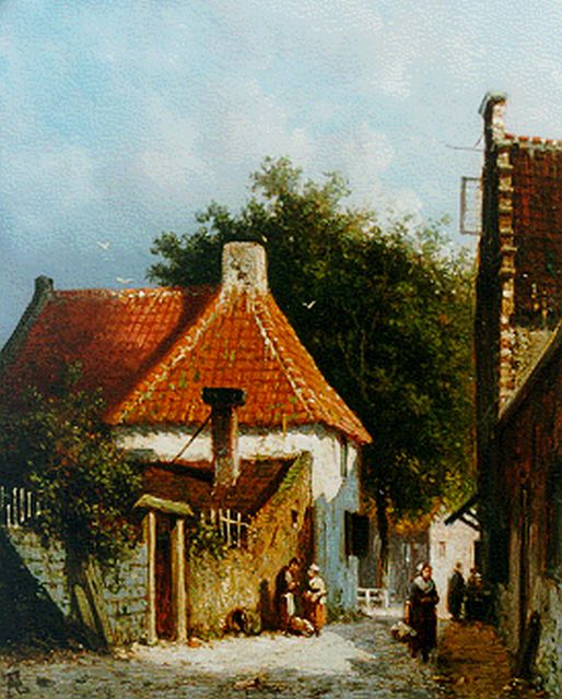 Adrianus Eversen | A sunlit street in Amsterdam, Öl auf Holz, 18,8 x 15,2 cm, signed l.l. with monogram
