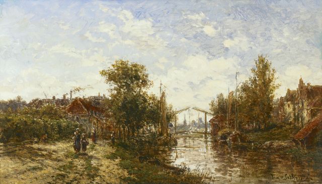 Lokhorst J.N. van | A village along a waterway near Utrecht, Öl auf Holz 22,2 x 38,0 cm, signed l.r. and on the reverse und dated 1885