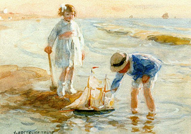 Jan Zoetelief Tromp | Children playing in the surf, Aquarell auf Papier, 17,5 x 24,5 cm, signed l.l.