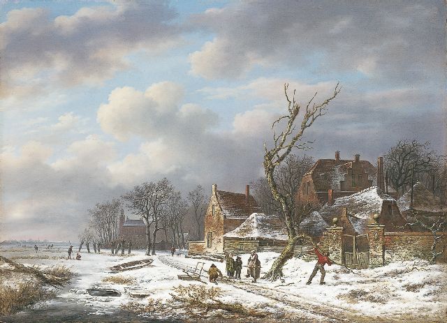 Andreas Schelfhout | Gathering wood in winter, Öl auf Tafel, 53,0 x 72,6 cm, signed with traces of signature l.r. und painted circa 1815