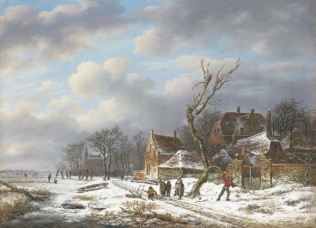 Andreas Schelfhout | Gathering wood in winter, Öl auf Holz, 53,0 x 72,6 cm, signed with traces of signature l.r. und painted circa 1815