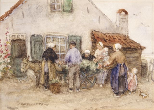Jan Zoetelief Tromp | Selling vegetables, Öl auf Leinwand, 25,0 x 35,5 cm, signed l.l.