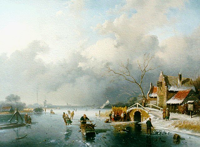 Jan Evert Morel II | A winter landscape with skaters and 'koek-en-zopie', Öl auf Leinwand, 49,7 x 68,0 cm, signed l.l.