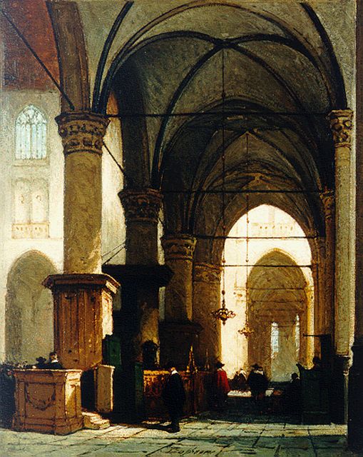 Johannes Bosboom | Interior of the 'Grote of St. Laurenskerk', Alkmaar, Öl auf Holz, 34,2 x 27,7 cm, signed l.c. und painted between 1865-1870