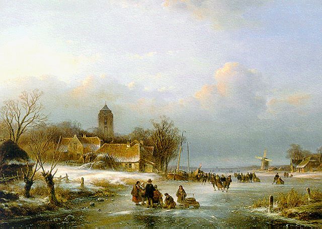 Lodewijk Johannes Kleijn | Skaters on the ice by a 'koek en zopie', Öl auf Holz, 43,2 x 59,5 cm, signed l.r.