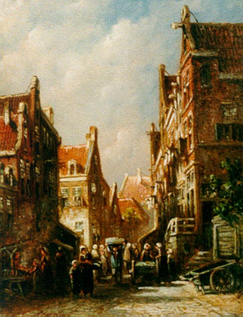 Petrus Gerardus Vertin | Daily activities in a Dutch town, Öl auf Holz, 19,4 x 14,9 cm, signed l.l.