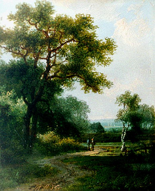 Marinus Adrianus Koekkoek I | Travellers in a wooded landscape, Öl auf Holz, 10,4 x 9,2 cm, signed l.l.