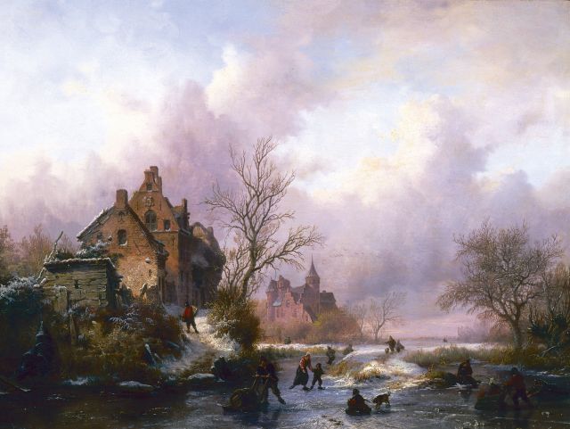 Kruseman F.M.  | A winter landscape with skaters on the ice, Öl auf Holz 28,7 x 38,7 cm, signed l.l. und dated 1854