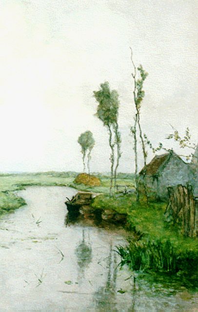 Constan Gabriel | A polder landscape with moored barges, Aquarell auf Papier, 51,0 x 35,8 cm, signed l.l.