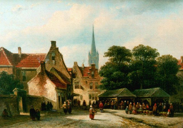 Petrus Gerardus Vertin | Townsfolk on a square, Öl auf Holz, 19,9 x 27,9 cm, signed l.r.