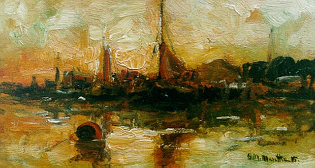 Morgenstjerne Munthe | A harbour view, Öl auf Holz, 10,0 x 18,0 cm, signed l.r. und dated '15