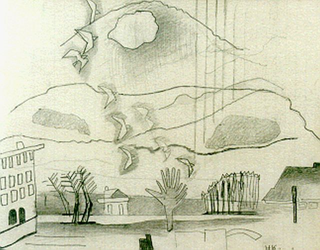Herman Kruyder | Landscape with birds, Bleistift auf Papier, 19,7 x 24,8 cm, signed l.r.