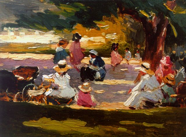 Simons T.  | Figures in a park, Öl auf Holz 13,5 x 17,9 cm, signed l.r.