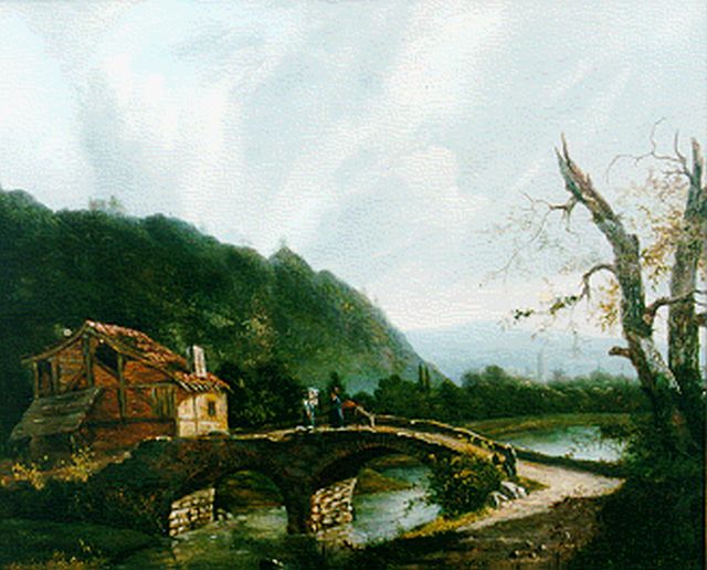 Nooteboom J.H.J.  | Mountainous landscape with figures on a bridge, Öl auf Holz 35,3 x 43,1 cm, signed l.r.