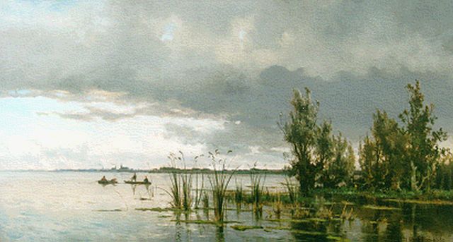 Edmund Schampheleer | An extensive lake landscape between Middelburg and Rotterdam, Öl auf Leinwand, 54,2 x 100,2 cm, signed l.r. und dated 1877