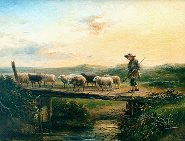 Simon van den Berg | A shepherd with his flock, Öl auf Holz, 24,0 x 31,3 cm, signed l.r.