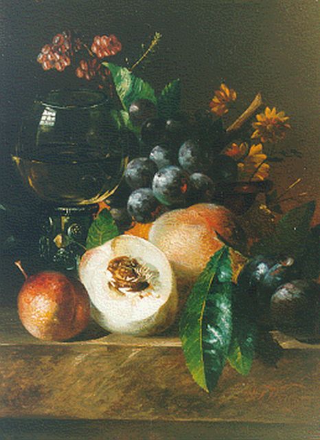 Willem Frederik Weidner | Still life with peaches, grapes and a 'roemer', Öl auf Holz, 25,8 x 19,1 cm, signed l.r.