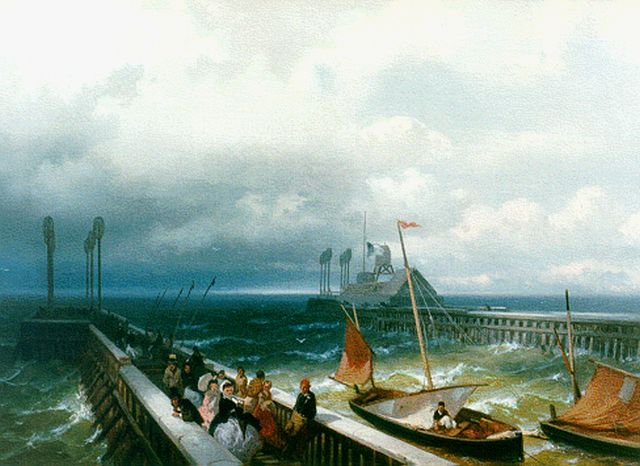 Frans Arnold Breuhaus de Groot | Strollers on a jetty, Öl auf Leinwand, 33,4 x 45,9 cm, signed l.l.