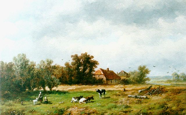 Wijngaerdt A.J. van | A peasant girl and cattle in a landscape, Öl auf Holz 23,6 x 36,0 cm, signed l.r.