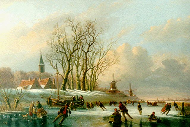 Anthony Andreas de Meijier | Skaters on a frozen waterway, Öl auf Holz, 45,7 x 67,6 cm