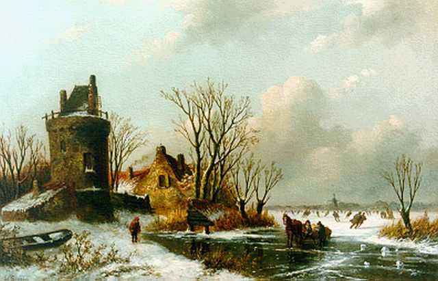 Louis Sierich | A winter landscape with skaters on the ice, Öl auf Holz, 24,7 x 38,5 cm, signed l.l.