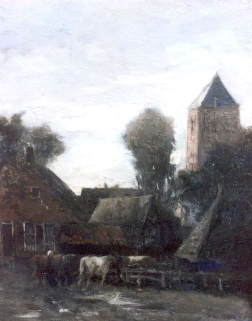 Hendrik Willem Mesdag | A farmer's wife with cattle, a village beyond, Öl auf Tafel, 31,7 x 25,4 cm, signed on the reverse