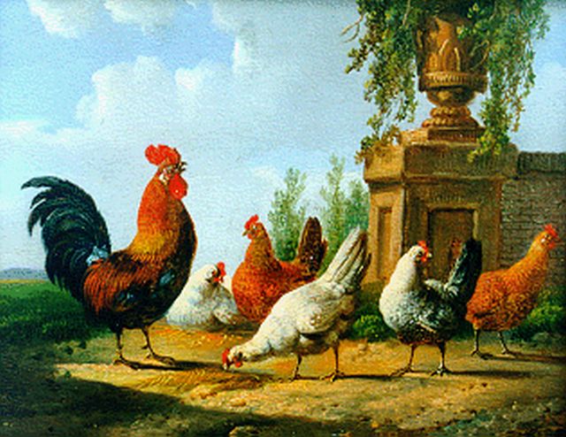 Albertus Verhoesen | A rooster and five chickens, Öl auf Holz (zwei Stück), 12,8 x 15,4 cm