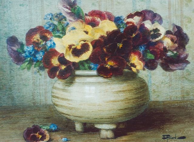 Filliard E.  | Pansies in an earthenware pot, Aquarell auf Papier 42,5 x 34,2 cm, signed l.r.