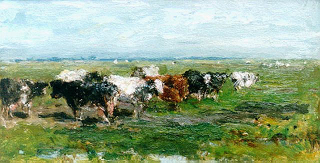 Willem Roelofs | Cows in a meadow, Öl auf Tafel, 17,8 x 32,2 cm