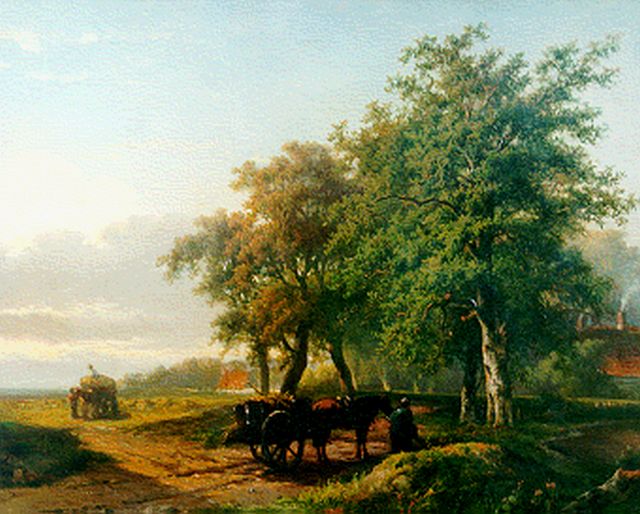 Georgius Heerebaart | Hooiwagens aan de rand van het bos - i.o.!!!, Öl auf Holz, 35,8 x 45,4 cm, gesigneerd l.o.