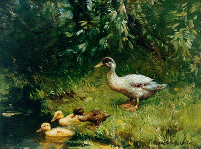Constant Artz | Duck with ducklings watering, Öl auf Holz, 18,1 x 24,1 cm, signed l.r.