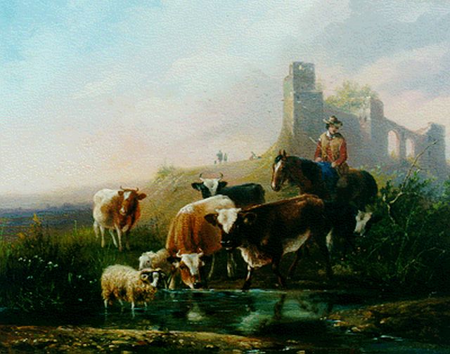 Knip A.  | Cows and sheep by a stream, Öl auf Holz 21,3 x 26,8 cm, signed l.r.