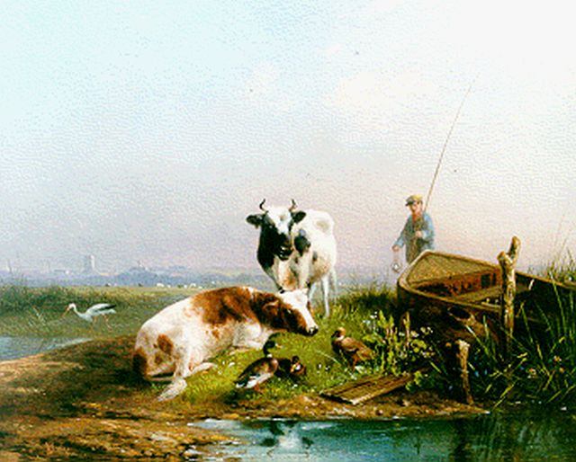 August Knip | Cows and ducks by a stream, Öl auf Holz, 21,3 x 26,8 cm, signed l.l.