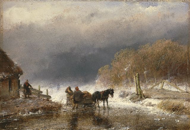 Andreas Schelfhout | Figuren en paard op het ijs, Öl auf Tafel, 15,8 x 23,0 cm, gesigneerd l.o.