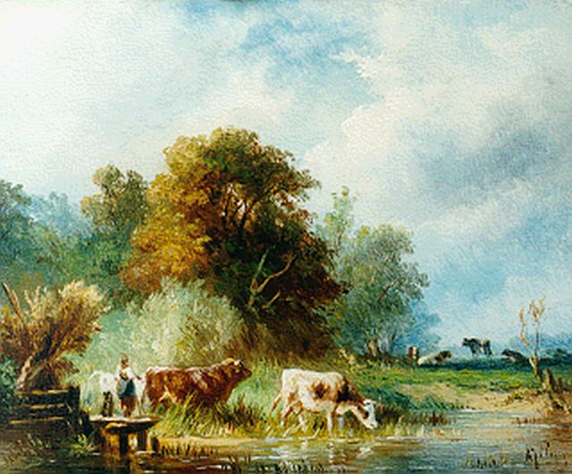 Albert Jurardus van Prooijen | A polder landscape with cows watering, Öl auf Holz, 13,5 x 16,5 cm, signed l.r.
