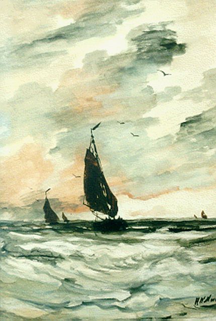 Hendrik Willem Mesdag | Sailing vessels on choppy waters, Aquarell auf Papier, 54,9 x 38,4 cm, signed l.r.