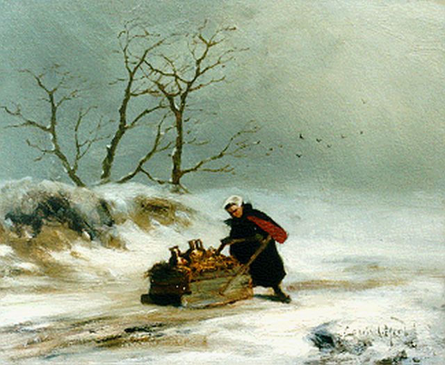 Louis Apol | Woman with sledge in winter, Öl auf Tafel, 19,2 x 23,6 cm, Unterzeichnet l.r. und zu datieren ca. 1872-1875