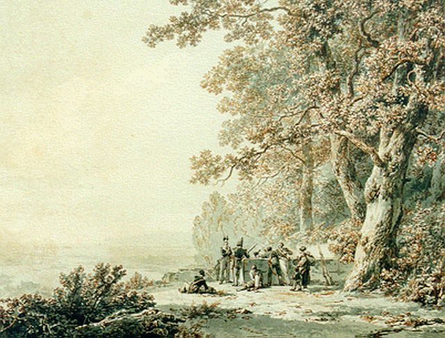 Barend Cornelis Koekkoek | Soldiers in a panoramic landscape, Sepia auf Papier, 25,2 x 32,7 cm, Unterzeichnet r.u. und datiert 1830