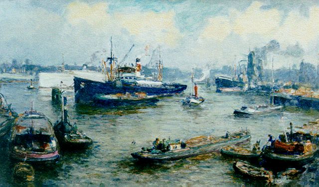 Evert Moll | Harbour activities, Rotterdam, Öl auf Leinwand, 59,6 x 99,8 cm, signed l.l.