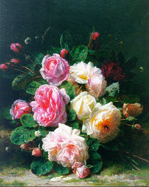 Jean-Baptiste Robie | Woodland with roses, Öl auf Holz, 48,2 x 39,6 cm, signed l.r.