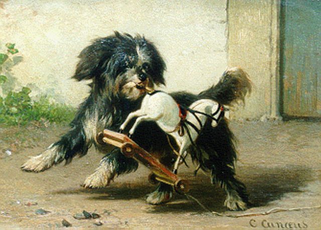 Conradijn Cunaeus | A dog in a summer landscape, Öl auf Tafel, 19,5 x 27,4 cm, signed l.r.