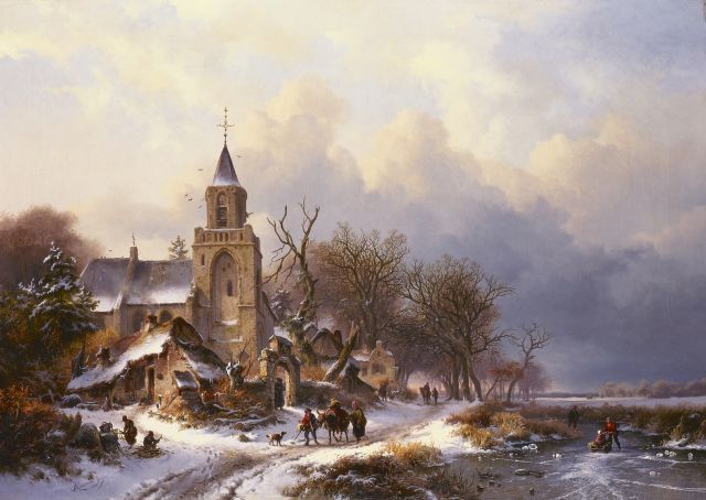 Frederik Marinus Kruseman | A winter landscape with figures on the ice, a church in the distance, Öl auf Leinwand, 79,0 x 111,3 cm, signed l.l. und dated 1858