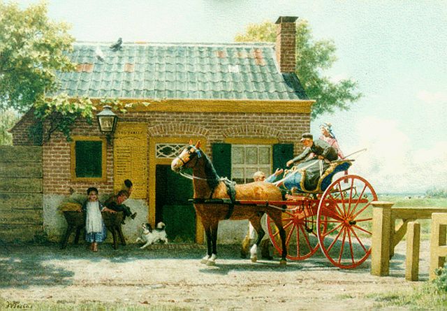 Willem de Famars Testas | Hollandse boerensjees en tolhek, Aquarell auf Papier, 38,0 x 54,0 cm, gesigneerd l.o. und verso gedateerd 1877