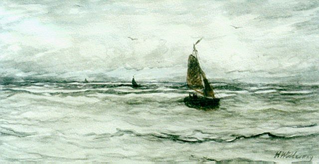 Hendrik Willem Mesdag | 'Bomschuiten'  in full sail, Aquarell auf Papier, 36,3 x 65,7 cm, signed l.r.