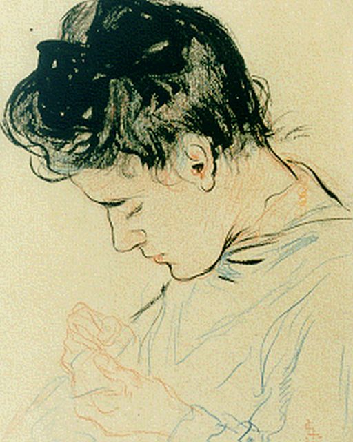 Leo Gestel | Portrait of Antje, the artist's sister, Tinte und Farbbleistift auf Papier, 17,0 x 13,5 cm, signed l.r. with monogram