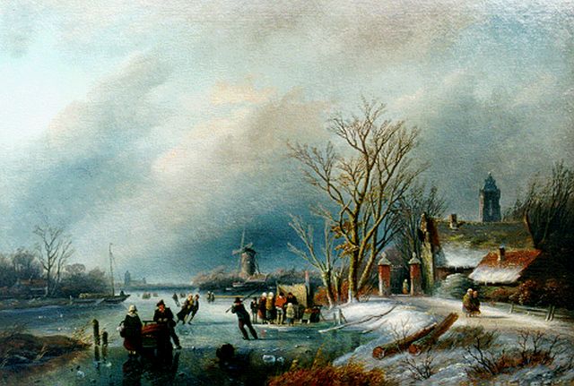 Spohler J.J.  | Skaters on the ice and a 'koek and zopie', Öl auf Holz 25,6 x 38,3 cm, signed l.l.