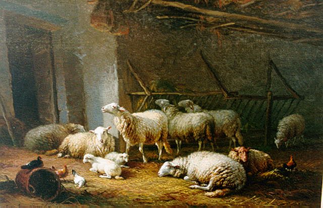 Eugène Joseph Verboeckhoven | Poultry and sheep in a stable, Öl auf Leinwand, 32,5 x 48,2 cm, signed l.l. und dated 1860